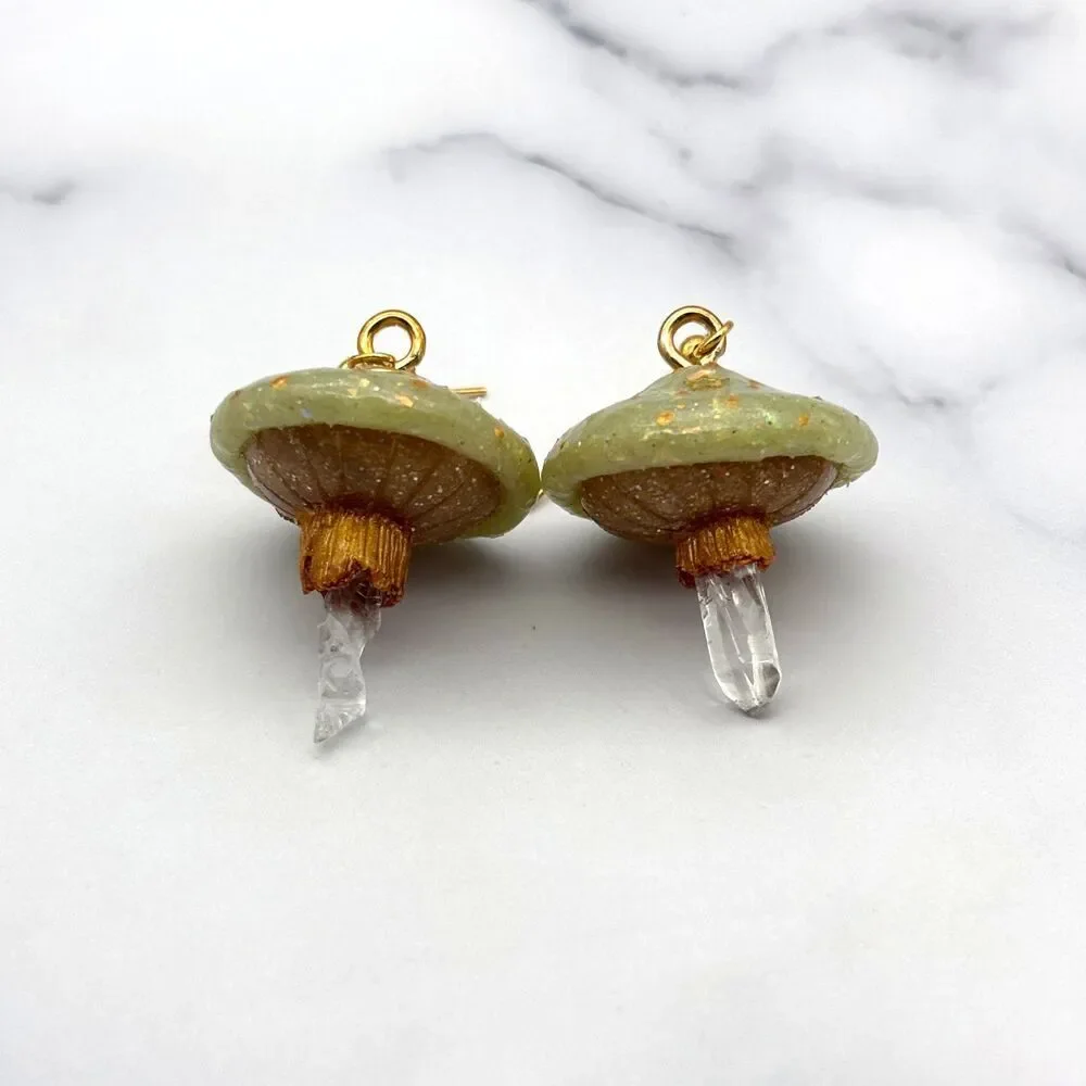 Green Mushroom Quartz Crystal Earrings | Polymer Clay Dangle with Moon and Star